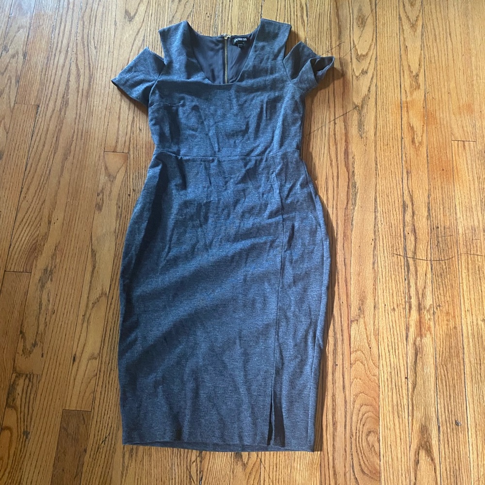 Grey dress with zipper back and cold shoulder